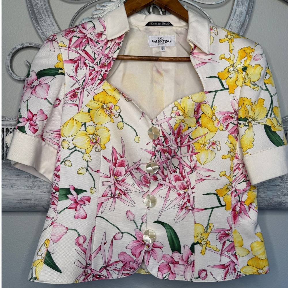 Vintage Valentino Miss V Orchid Floral Short Sleeve Jacket Made in Italy Size 8